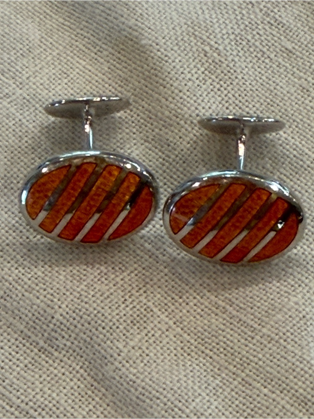 David Donahue 925 Sterling Silver Orange Enamel Oval Striped Cufflinks